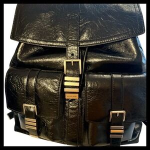 Michael Kors Black Leather Backpack Purse Flap Front Pockets Gold Hardware